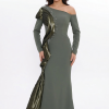 BDM Exclusive Tek Kol Pilise Organze Drape Taş İşlemeli Premium Abiye Elbise