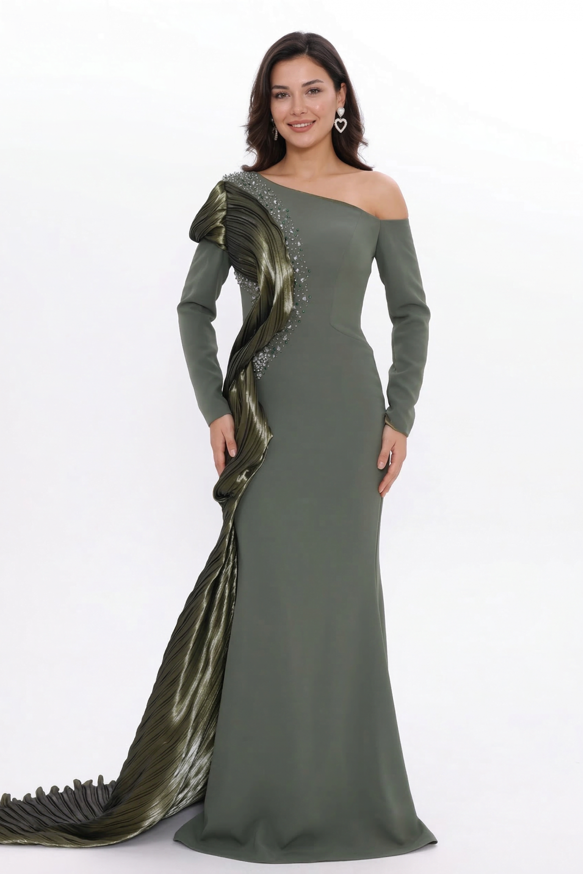 BDM Exclusive Tek Kol Pilise Organze Drape Taş İşlemeli Premium Abiye Elbise