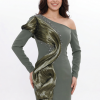 BDM Exclusive Tek Kol Pilise Organze Drape Taş İşlemeli Premium Abiye Elbise