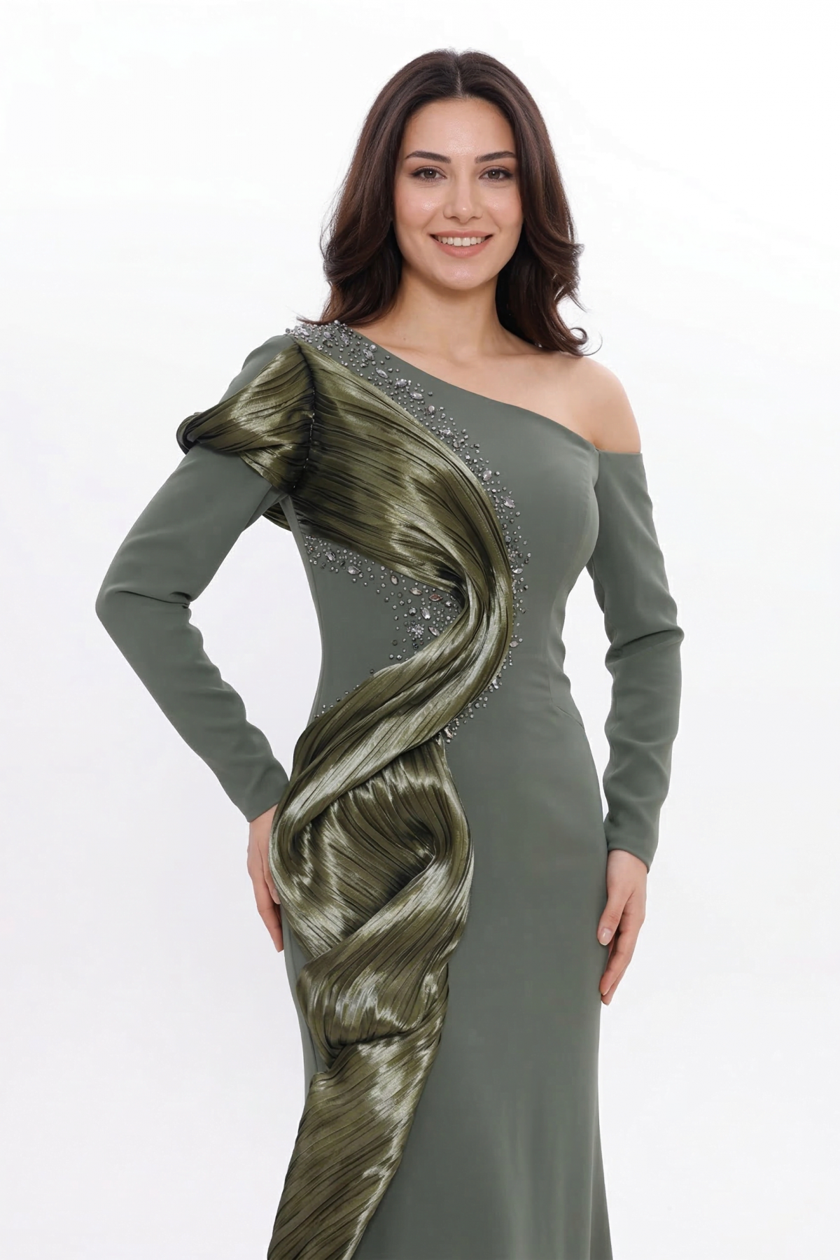 BDM Exclusive Tek Kol Pilise Organze Drape Taş İşlemeli Premium Abiye Elbise