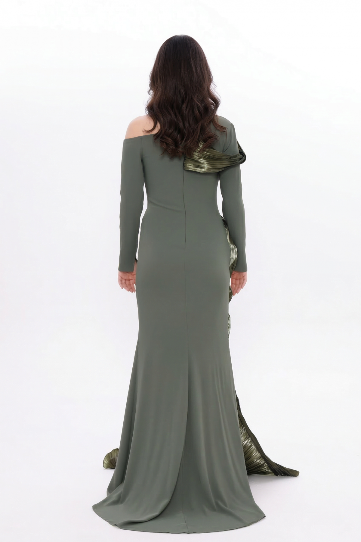 BDM Exclusive Tek Kol Pilise Organze Drape Taş İşlemeli Premium Abiye Elbise
