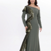 BDM Exclusive Tek Kol Pilise Organze Drape Taş İşlemeli Premium Abiye Elbise