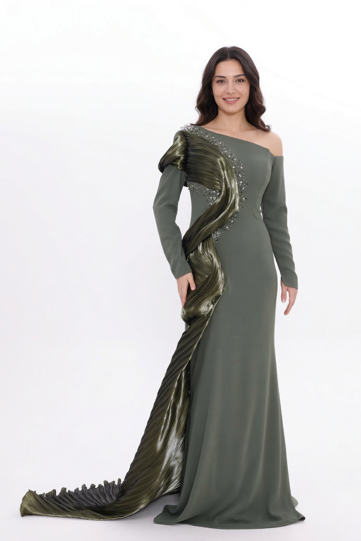 BDM Exclusive Tek Kol Pilise Organze Drape Taş İşlemeli Premium Abiye Elbise