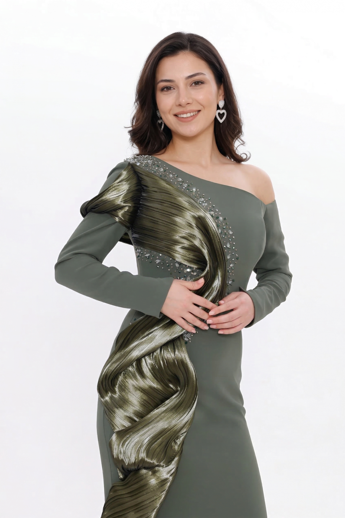 BDM Exclusive Tek Kol Pilise Organze Drape Taş İşlemeli Premium Abiye Elbise