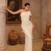 BDM Exclusive Tek Omuz Drapeli Uzun Abiye Elbise Şifon Detaylı Yırtmaçlı Zarif ve Şık Gece Elbisesi