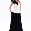 BDM Exclusive Tek Omuz Piliseli Peplum Çiçek Aplikeli Uzun Saten Abiye Elbise