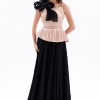 BDM Exclusive Tek Omuz Piliseli Peplum Çiçek Aplikeli Uzun Saten Abiye Elbise