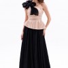BDM Exclusive Tek Omuz Piliseli Peplum Çiçek Aplikeli Uzun Saten Abiye Elbise