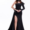 BDM Exclusive Tek Omuz Taş İşlemeli Choker Detaylı Yırtmaçlı Uzun Saten Abiye Elbise