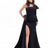 BDM Exclusive Tek Omuz Taş İşlemeli Choker Detaylı Yırtmaçlı Uzun Saten Abiye Elbise