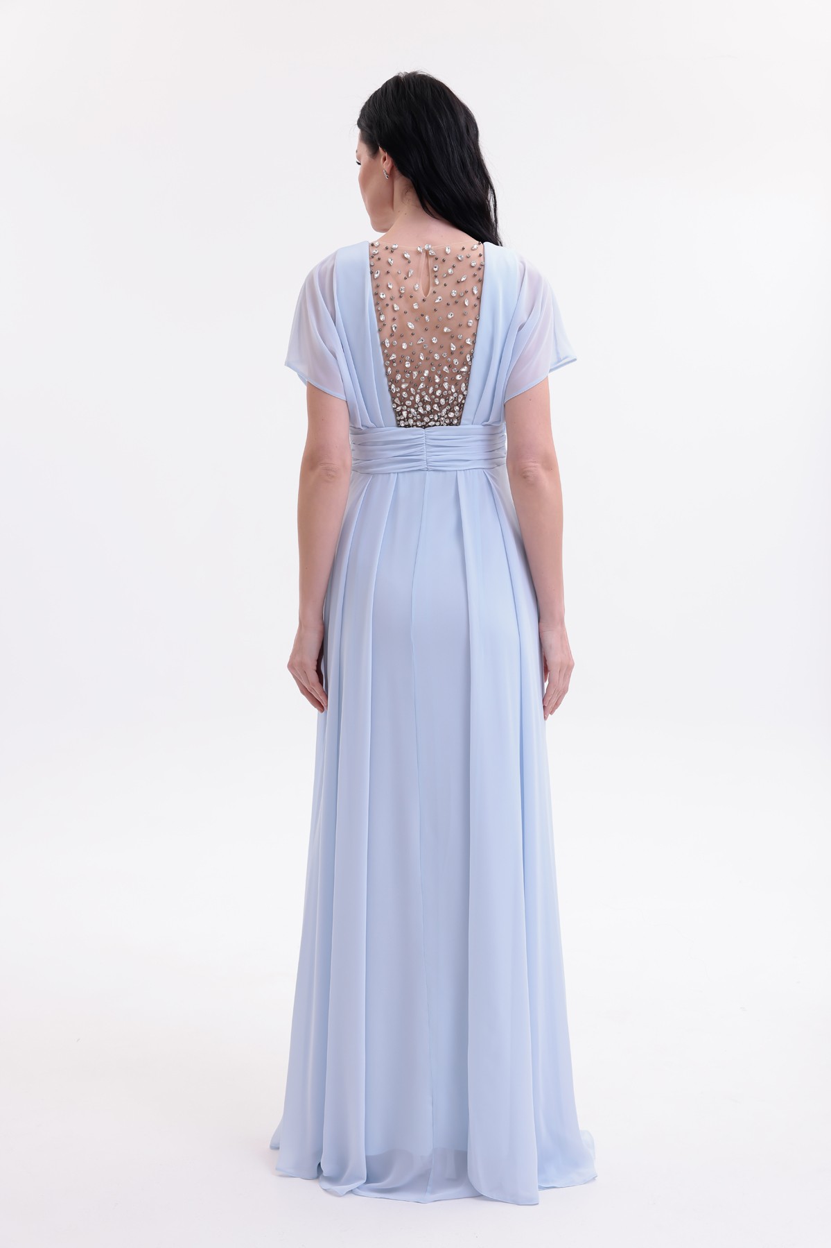 BDM Exclusive V Yaka El İşi Taş Detaylı Şifon ve Krep Uzun Abiye Elbise 