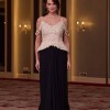 BDM Exclusive V Yaka Peplum El İşlemeli Taş Ve İnci Detaylı Krep Uzun Abiye Elbise