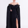 BDM Exclusive Askılı Drapeli Taşlı Omuz Şifon Pelerinli Büyük Beden Abiye Elbise