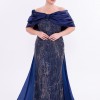 BDM Exclusive Straplez Pul Payet İşlemeli Organze Pelerinli Büyük Beden Abiye Elbise