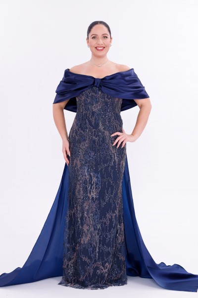 BDM Exclusive Straplez Pul Payet İşlemeli Organze Pelerinli Büyük Beden Abiye Elbise