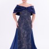 BDM Exclusive Straplez Pul Payet İşlemeli Organze Pelerinli Büyük Beden Abiye Elbise