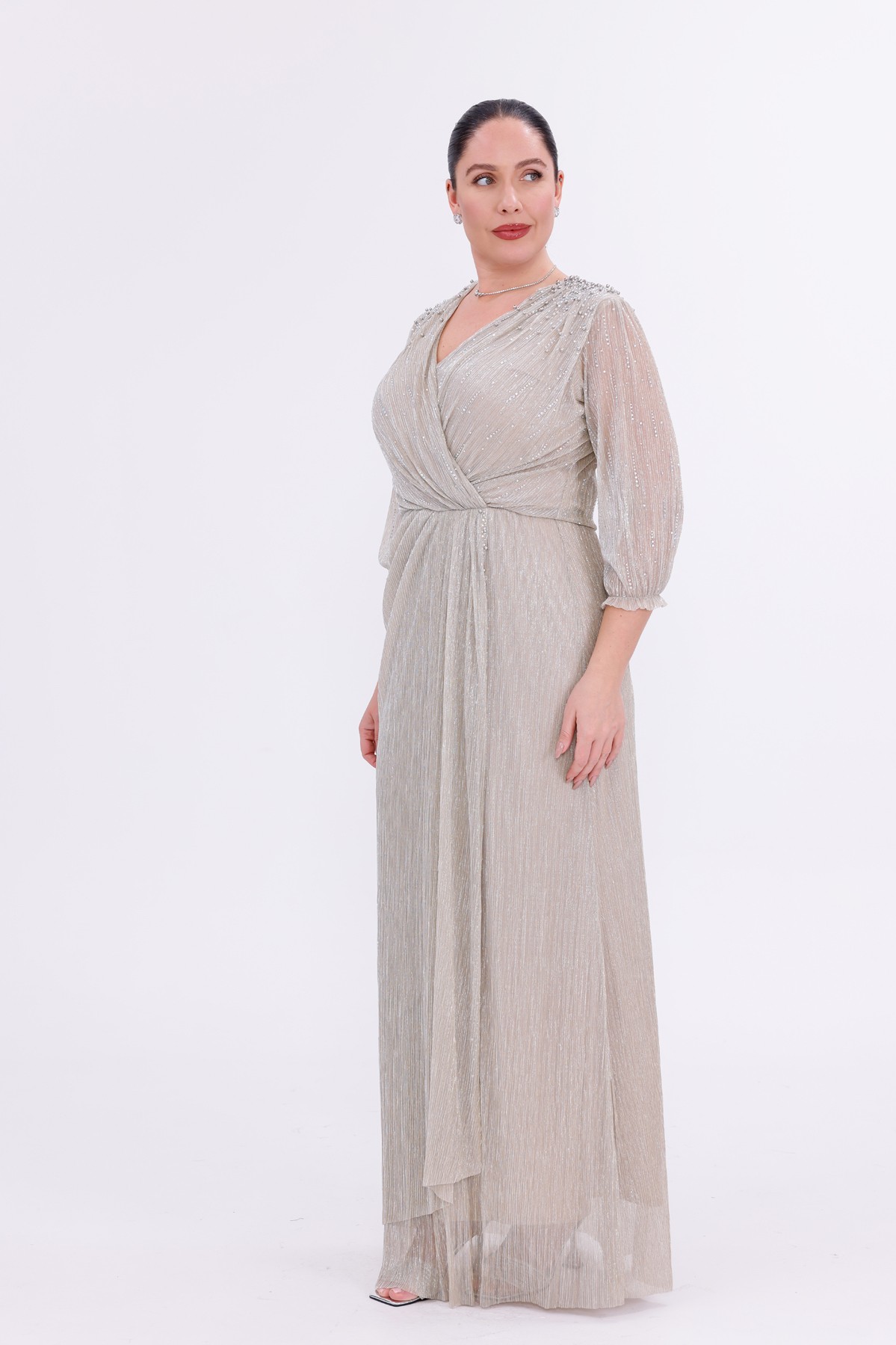 BDM Exclusive Simli Şifon Kruvaze Taş-İnci Çakmalı Truvakar Kol Büyük Beden Abiye BDM Exclusive Simli Şifon Kruvaze Taş-İnci Çakmalı Truvakar Kol Büyük Beden Abiye