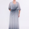BDM Exclusive Degrade Simli Şifon İnci Çakmalı Truvakar Kol Büyük Beden Abiye Elbise
