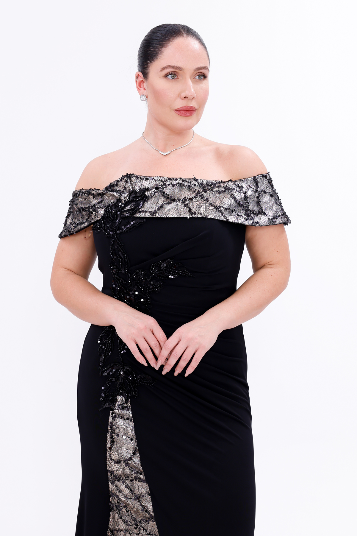BDM Exclusive Madonna Yaka Dantel Jakar Nakış İşlemeli Büyük Beden Abiye Elbise