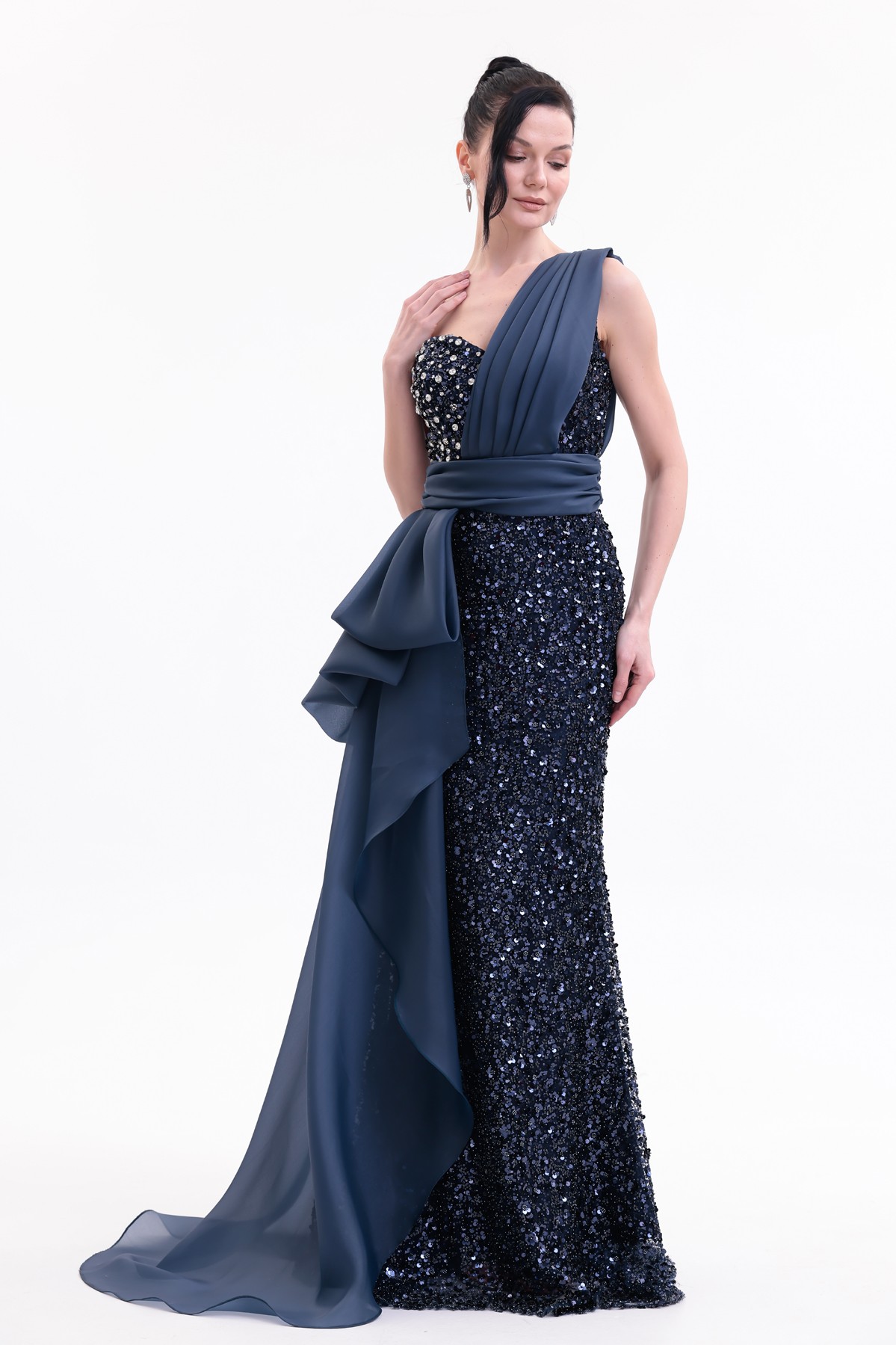 BDM Exclusive Taş İşlemeli Şifon Drape Detaylı Premium Abiye Elbise