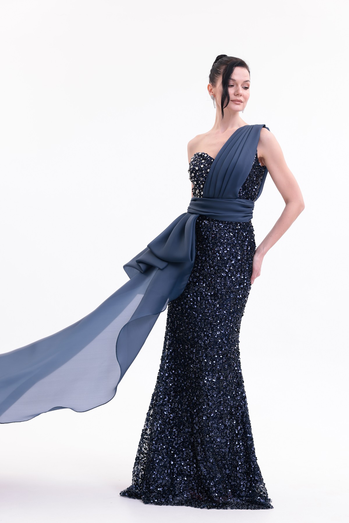 BDM Exclusive Taş İşlemeli Şifon Drape Detaylı Premium Abiye Elbise
