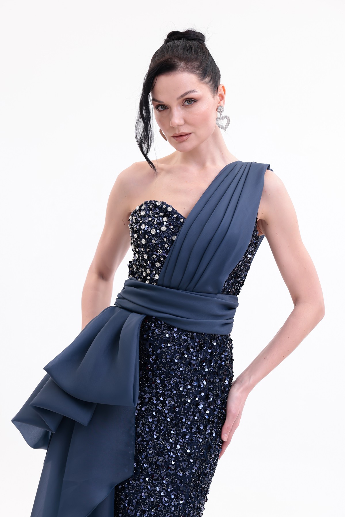 BDM Exclusive Taş İşlemeli Şifon Drape Detaylı Premium Abiye Elbise