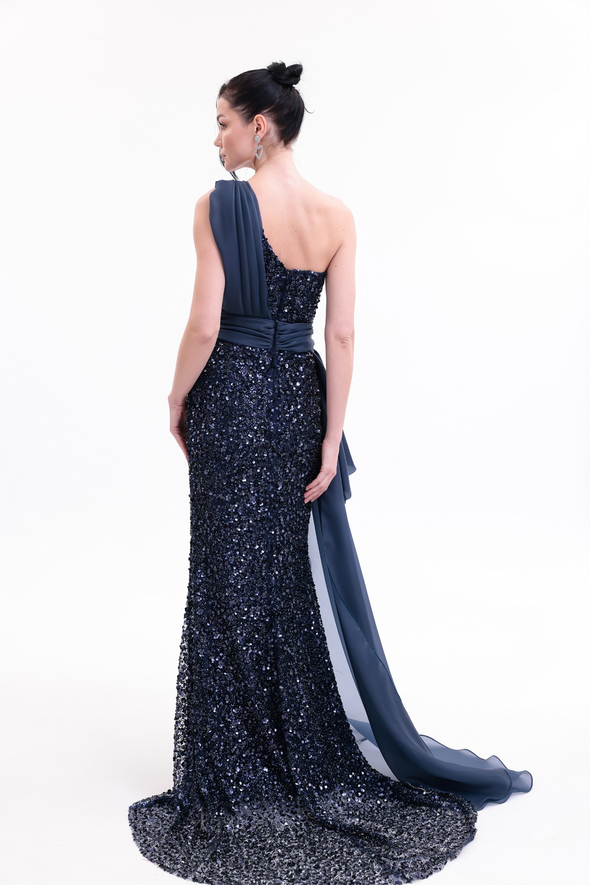BDM Exclusive Taş İşlemeli Şifon Drape Detaylı Premium Abiye Elbise