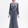 BDM Exclusive Taş Detaylı Drape Gövdeli Uzun Kollu Premium Abiye Elbise