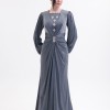BDM Exclusive Taş Detaylı Drape Gövdeli Uzun Kollu Premium Abiye Elbise
