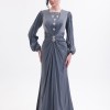 BDM Exclusive Taş Detaylı Drape Gövdeli Uzun Kollu Premium Abiye Elbise