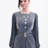 BDM Exclusive Taş Detaylı Drape Gövdeli Uzun Kollu Premium Abiye Elbise