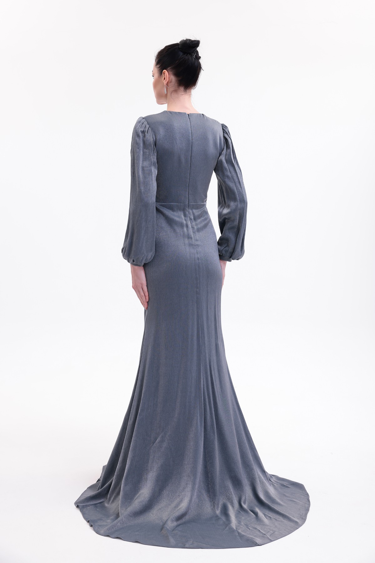 BDM Exclusive Taş Detaylı Drape Gövdeli Uzun Kollu Premium Abiye Elbise