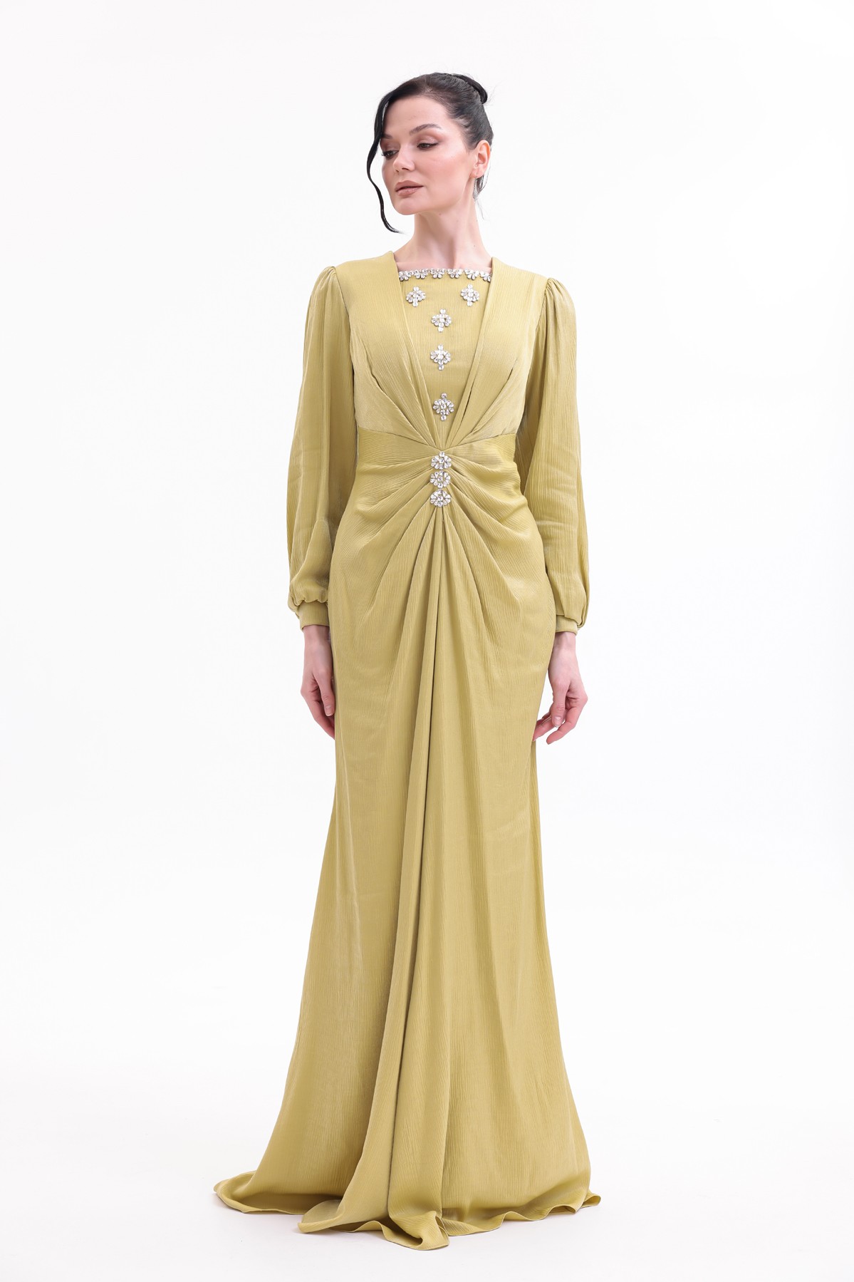 BDM Exclusive Taş Detaylı Drape Gövdeli Uzun Kollu Premium Abiye Elbise