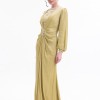 BDM Exclusive Taş Detaylı Drape Gövdeli Uzun Kollu Premium Abiye Elbise