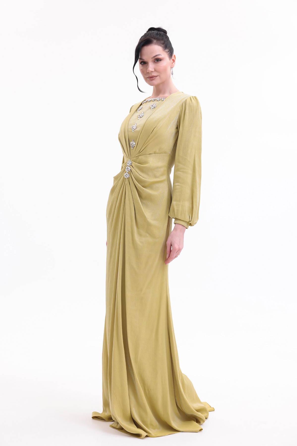 BDM Exclusive Taş Detaylı Drape Gövdeli Uzun Kollu Premium Abiye Elbise