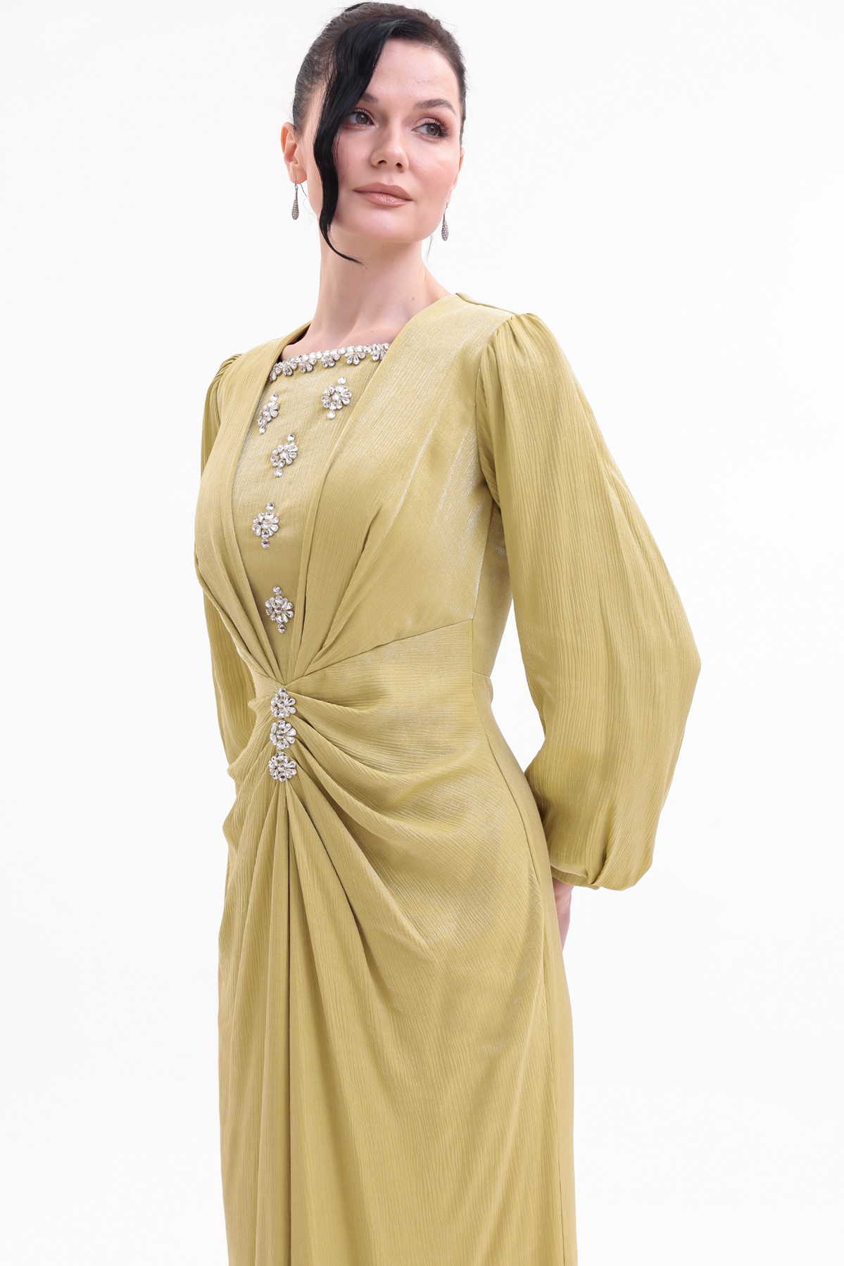BDM Exclusive Taş Detaylı Drape Gövdeli Uzun Kollu Premium Abiye Elbise