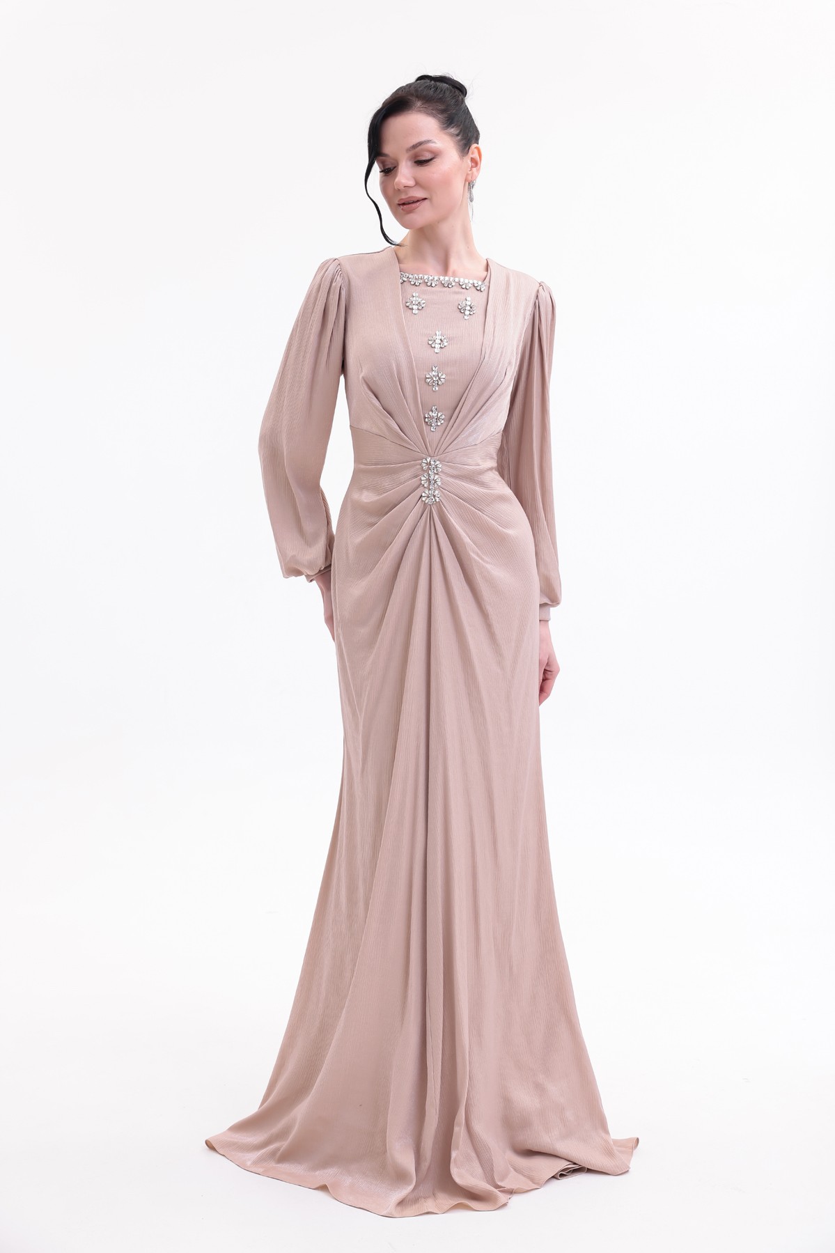 BDM Exclusive Taş Detaylı Drape Gövdeli Uzun Kollu Premium Abiye Elbise