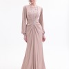 BDM Exclusive Taş Detaylı Drape Gövdeli Uzun Kollu Premium Abiye Elbise