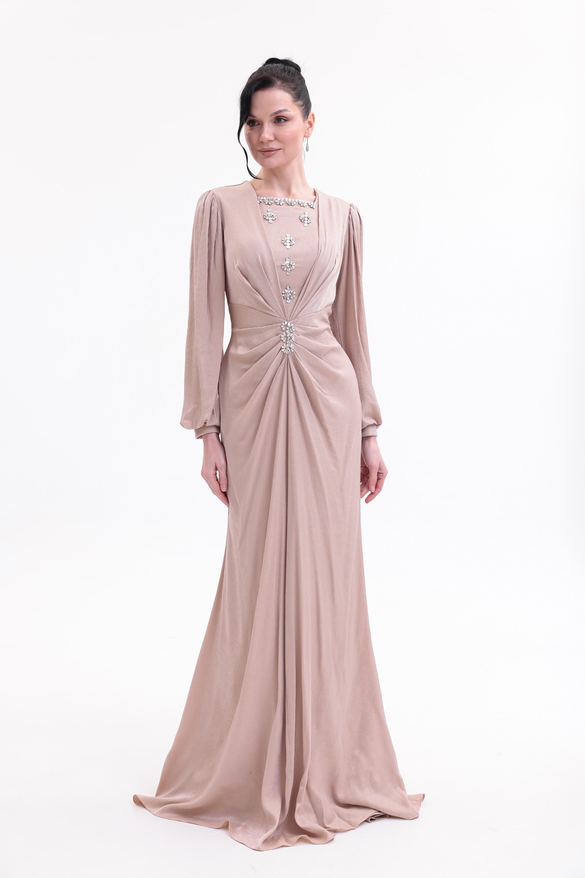 BDM Exclusive Taş Detaylı Drape Gövdeli Uzun Kollu Premium Abiye Elbise