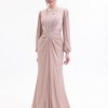BDM Exclusive Taş Detaylı Drape Gövdeli Uzun Kollu Premium Abiye Elbise