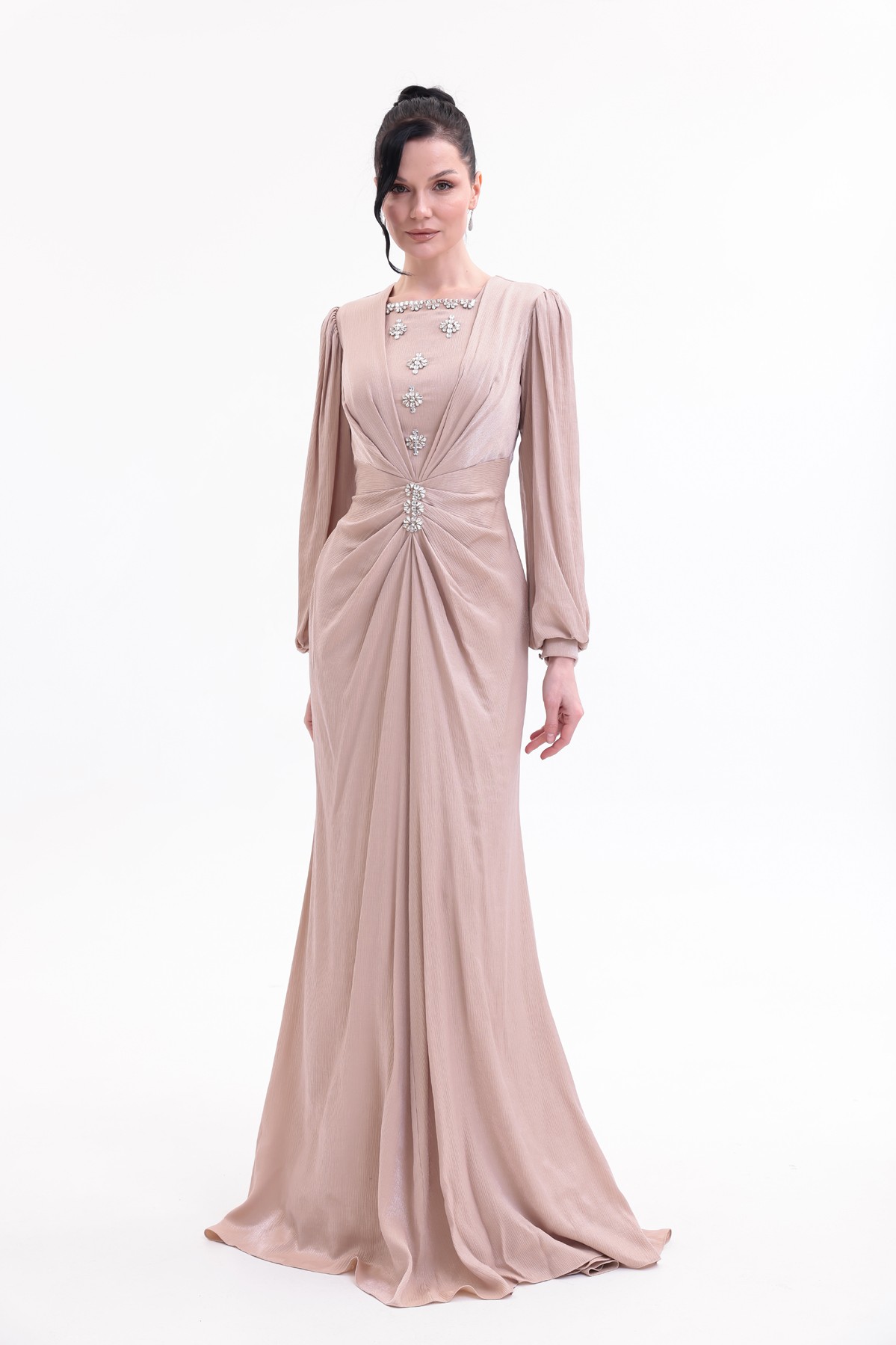 BDM Exclusive Taş Detaylı Drape Gövdeli Uzun Kollu Premium Abiye Elbise