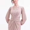 BDM Exclusive Taş Detaylı Drape Gövdeli Uzun Kollu Premium Abiye Elbise