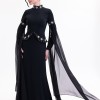 BDM Exclusive Taşlı Yaka ve Kol Detaylı Şifon Kollu Premium Abiye Elbise