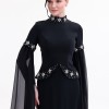 BDM Exclusive Taşlı Yaka ve Kol Detaylı Şifon Kollu Premium Abiye Elbise