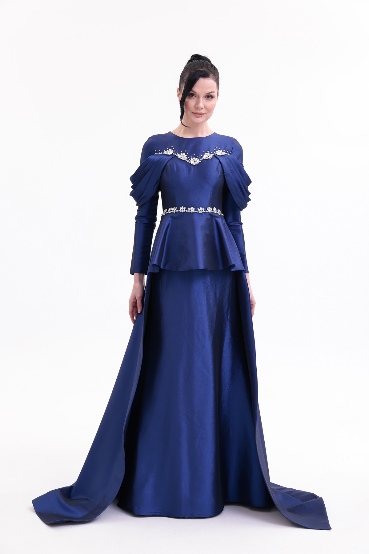 BDM Exclusive Tafta Taş İşlemeli Drape Kollu Peplum Premium Abiye Elbise