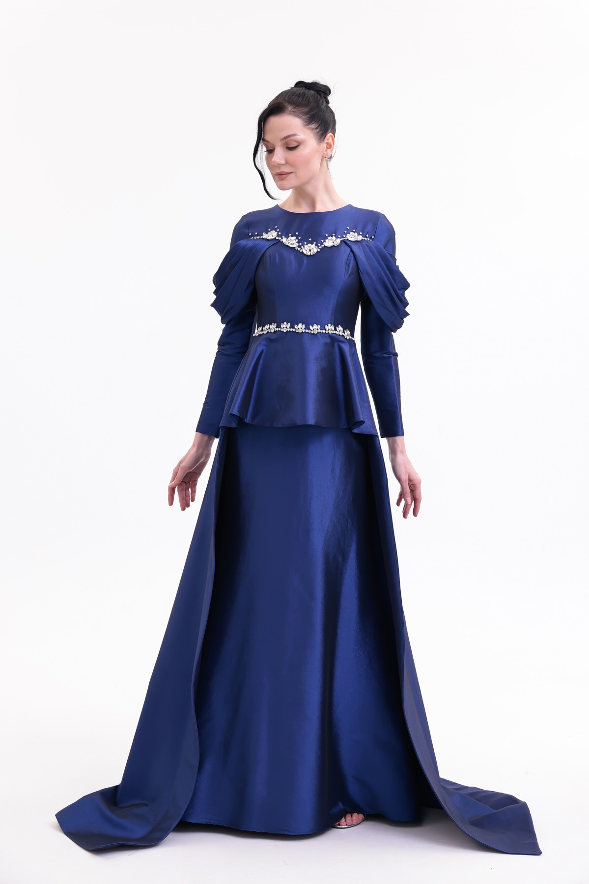BDM Exclusive Tafta Taş İşlemeli Drape Kollu Peplum Premium Abiye Elbise
