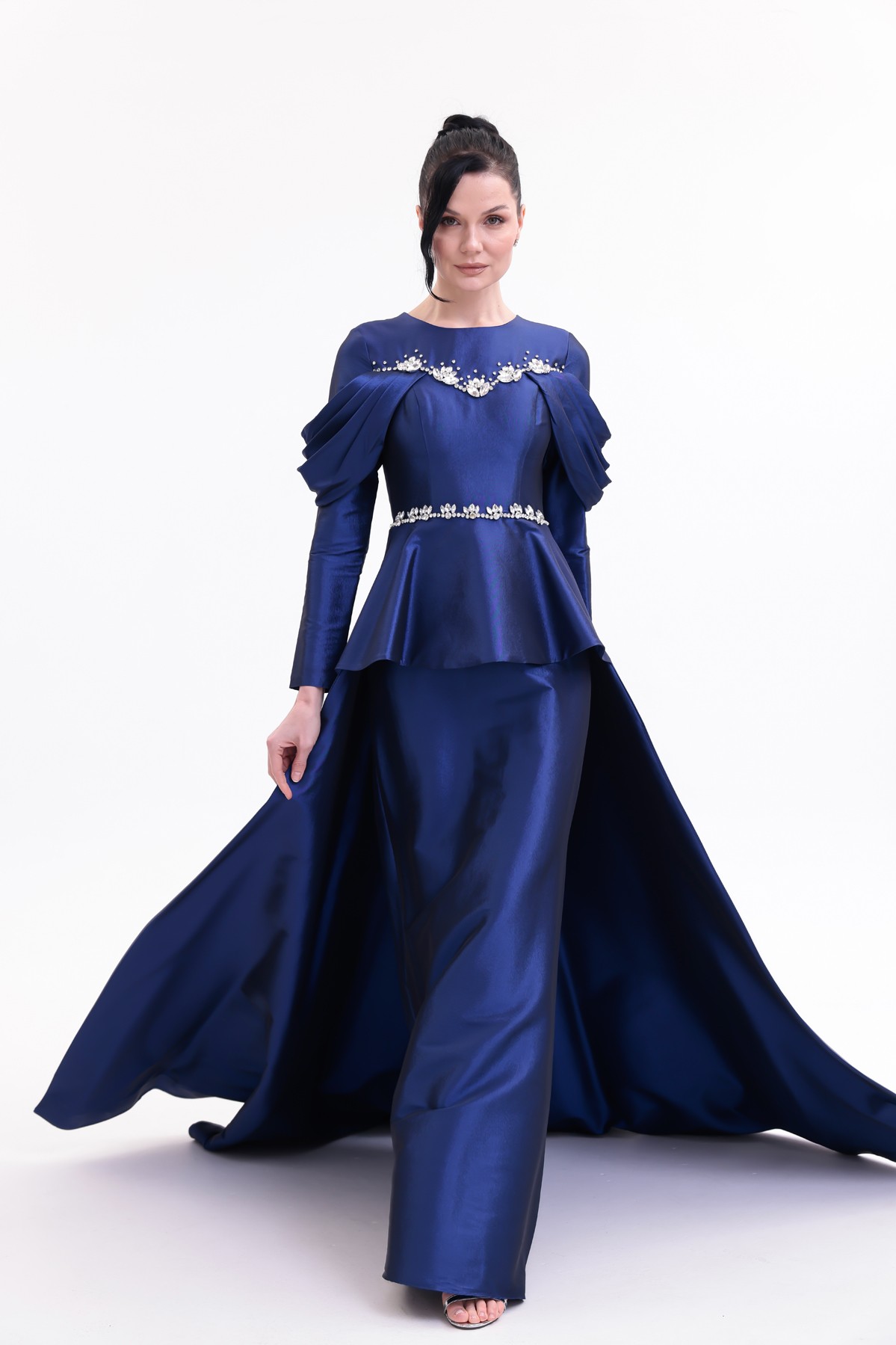 BDM Exclusive Tafta Taş İşlemeli Drape Kollu Peplum Premium Abiye Elbise