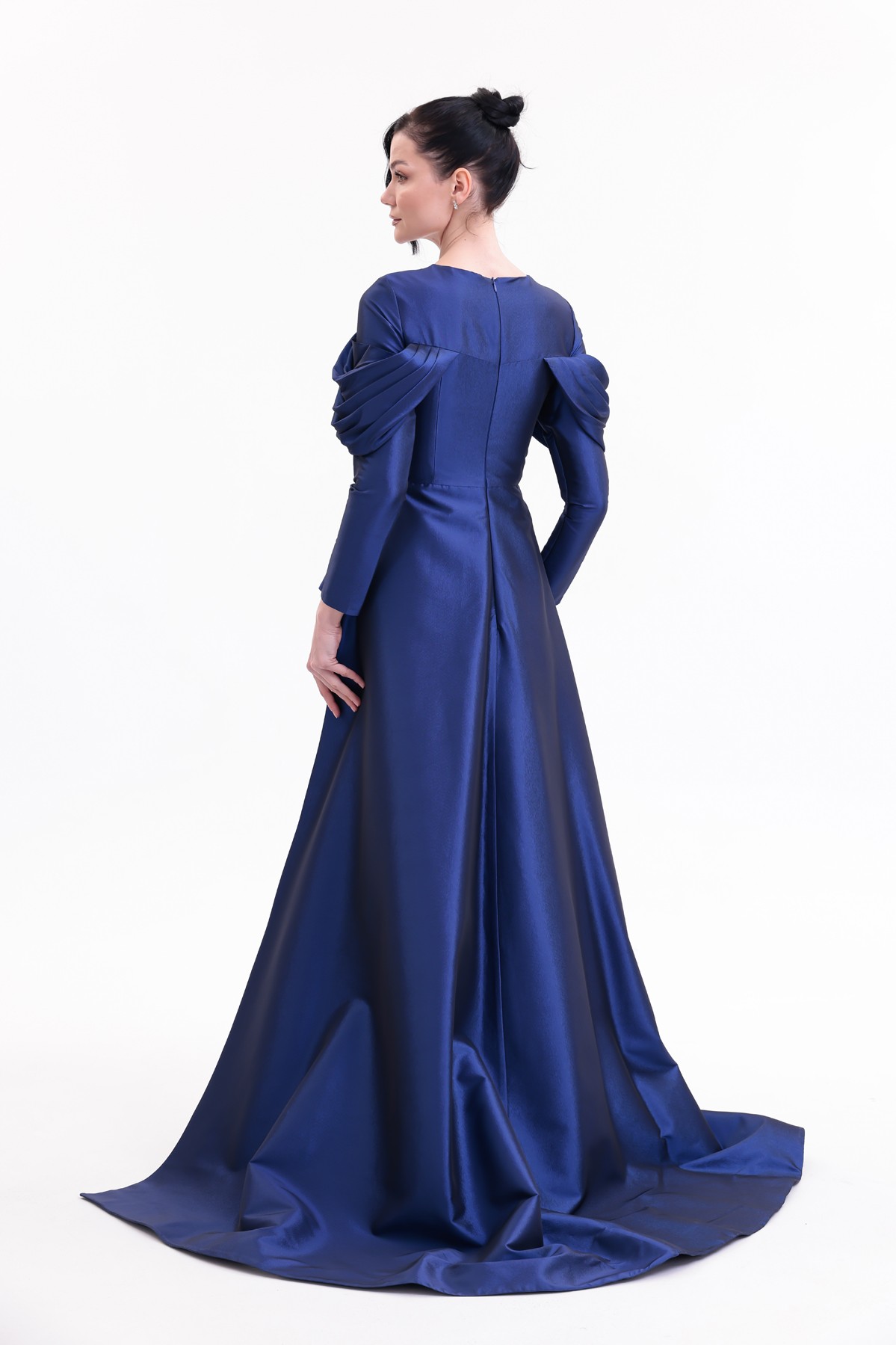 BDM Exclusive Tafta Taş İşlemeli Drape Kollu Peplum Premium Abiye Elbise