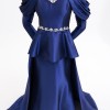 BDM Exclusive Tafta Taş İşlemeli Drape Kollu Peplum Premium Abiye Elbise