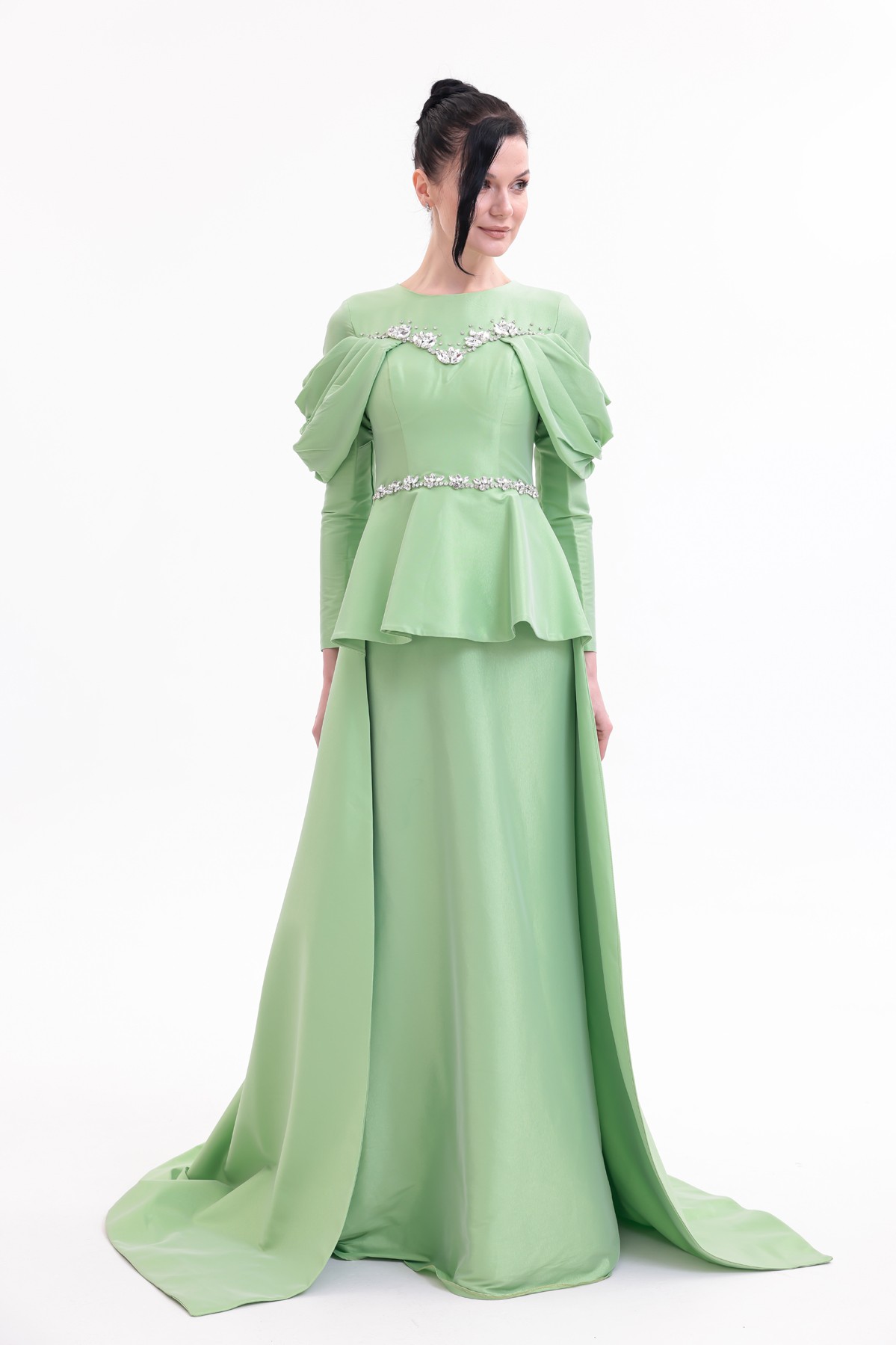 BDM Exclusive Tafta Taş İşlemeli Drape Kollu Peplum Premium Abiye Elbise